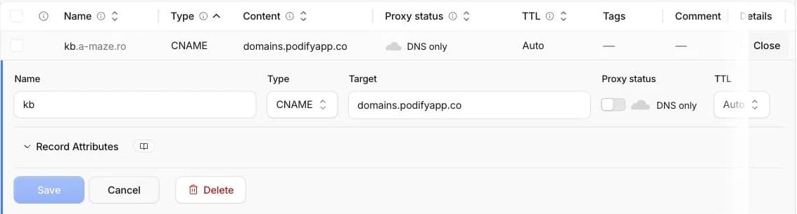 The Cloudflare DNS record editor for a-maze.ro: Name kb, Type CNAME, Target domains.podifyapp.co, the proxy toggle off and showing DNS only, TTL Auto.